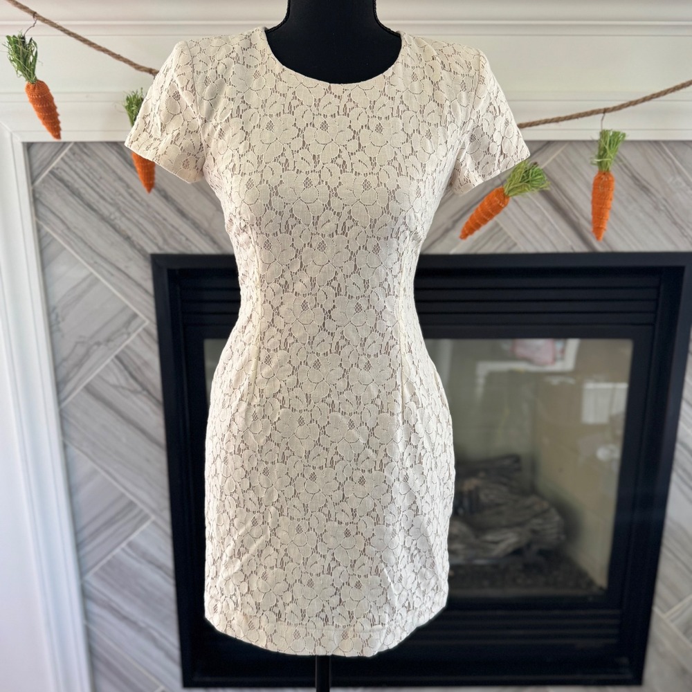 French Connection Lace Dress Cocktail‎ Party Short Sleeve Ivory Size 0